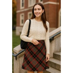 Vintage Y2K XL Academia Career Classic Red Black Gray Plaid Knee Length Skirt